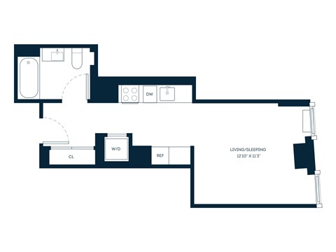 Floor plan for studio, 1 bath, 394 sqft